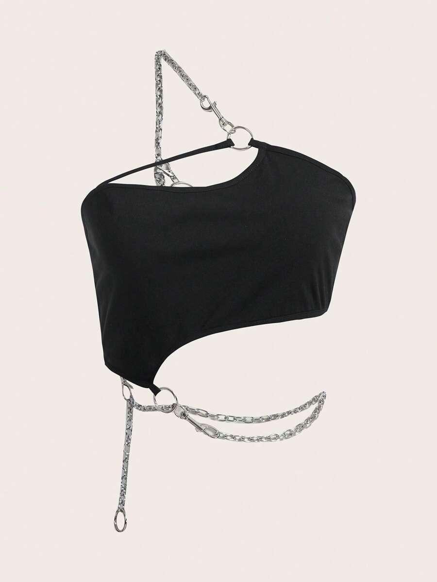 SHEIN ICON 鏈條細節鏤空單肩短款上衣 - 黑色 - 查看 1