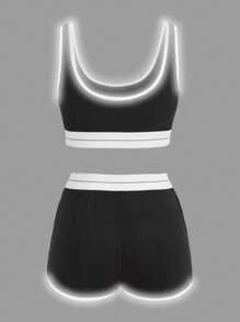 SHEIN ICON 撞色滾邊短款背心和短褲 - 黑與白 - 查看 7