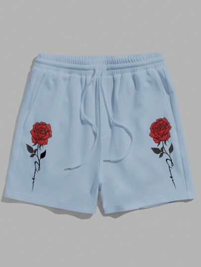 Hombres Shorts con estampado de rosa de cintura con cordón