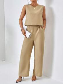 SHEIN LUNE 素色背心上衣和闊腿褲 - 卡其色 - 查看 3