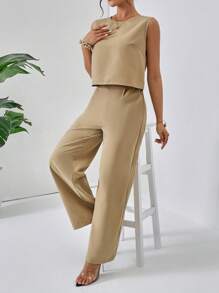 SHEIN LUNE 素色背心上衣和闊腿褲 - 卡其色 - 查看 4