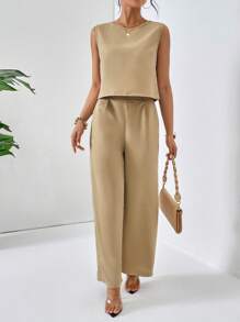 SHEIN LUNE 素色背心上衣和闊腿褲 - 卡其色 - 查看 6