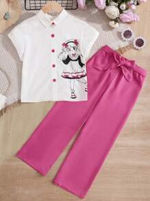 SHEIN 女孩人像圖案蝙蝠袖襯衫和腰帶長褲 - 彩色 - 查看 2