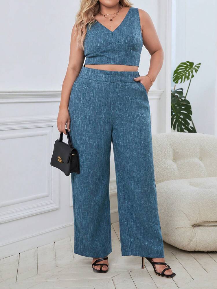 Plus Solid Tank Top & Wide Leg Pants