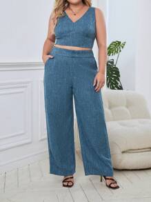 SHEIN Privé Plus Solid Tank Top & Wide Leg Pants - Teal Blue - View 3