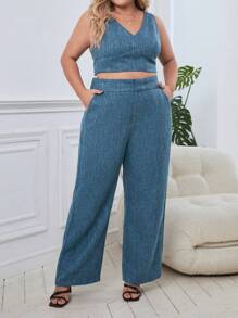 SHEIN Privé Plus Solid Tank Top & Wide Leg Pants - Teal Blue - View 4