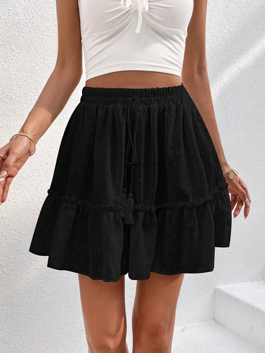 SHEIN VCAY Swiss Dot Tassel Tie Front Ruffle Hem Frill Trim Skirt - Black - View 1