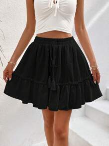SHEIN VCAY Swiss Dot Tassel Tie Front Ruffle Hem Frill Trim Skirt - Black - View 3