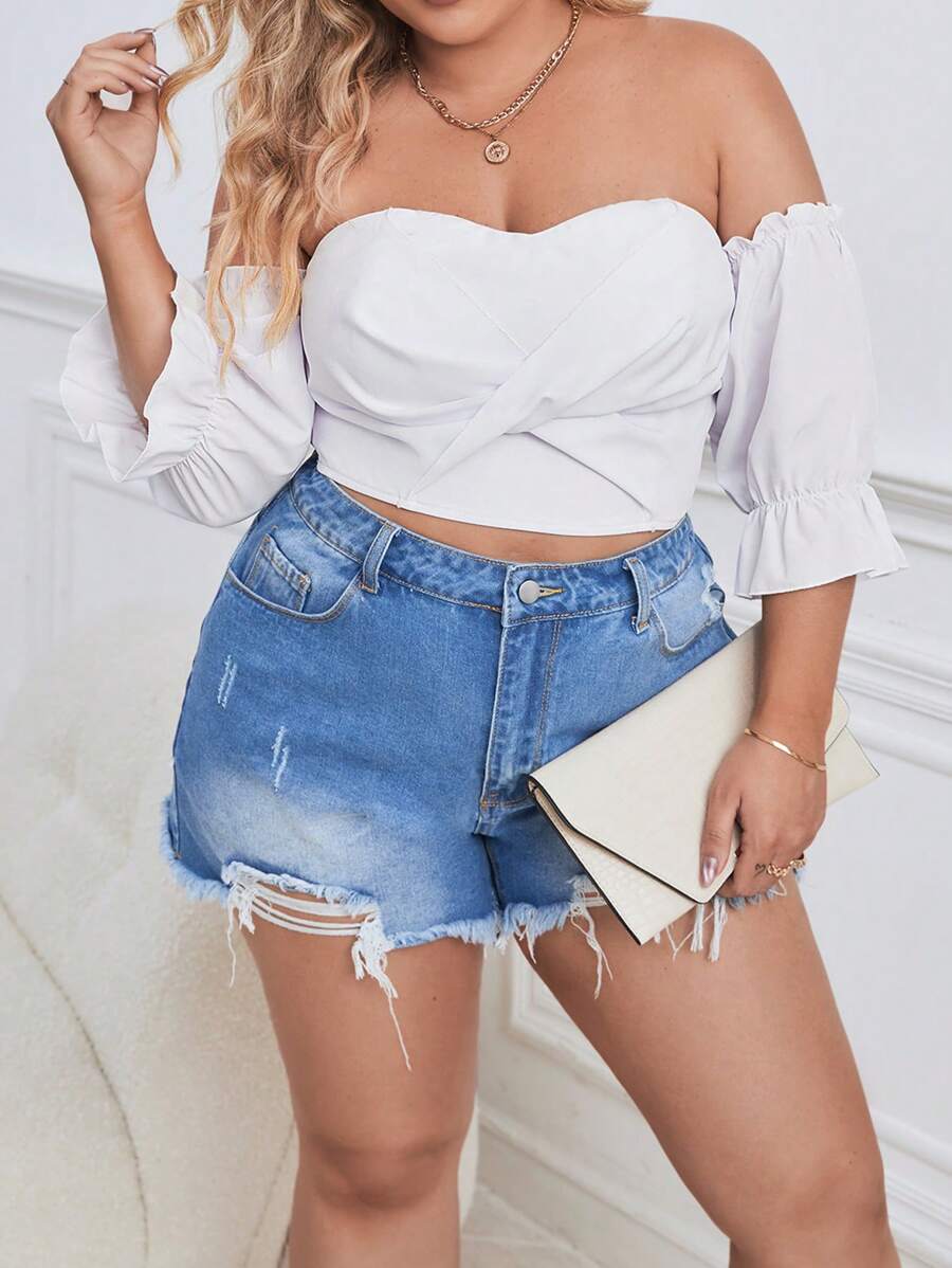 SHEIN Privé Plus Off Shoulder Flare Sleeve Crop Top - White - View 1