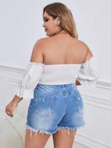 SHEIN Privé Plus Off Shoulder Flare Sleeve Crop Top - White - View 2