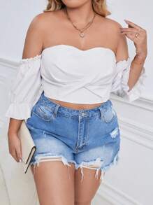 SHEIN Privé Plus Off Shoulder Flare Sleeve Crop Top - White - View 3