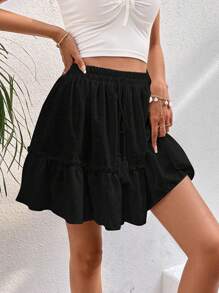 SHEIN VCAY Swiss Dot Tassel Tie Front Ruffle Hem Frill Trim Skirt - Black - View 6