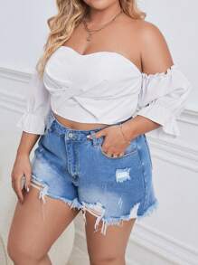 SHEIN Privé Plus Off Shoulder Flare Sleeve Crop Top - White - View 6