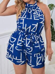 SHEIN Privé 大碼字母圖案腰帶繞頸連身短褲 - 藍白色 - 查看 1