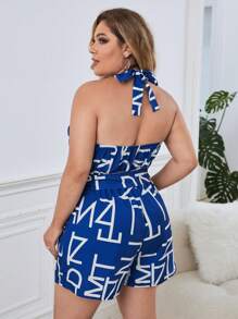 SHEIN Privé 大碼字母圖案腰帶繞頸連身短褲 - 藍白色 - 查看 2