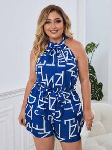 SHEIN Privé 大碼字母圖案腰帶繞頸連身短褲 - 藍白色 - 查看 4