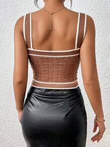 SHEIN Privé Spring Break Contrast Trim Button Detail Crop Knit White Top - Brown - View 2