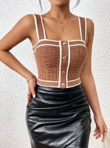 SHEIN Privé Spring Break Contrast Trim Button Detail Crop Knit White Top - Brown - View 4