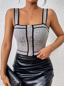 SHEIN Privé Tương phản ràng buộc Nút phía trước Áo thun dệt kim Cami - Xám - Xem 3