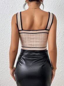 SHEIN Privé 撞色滾邊前紐扣針織吊帶上衣 - 卡其色 - 查看 2