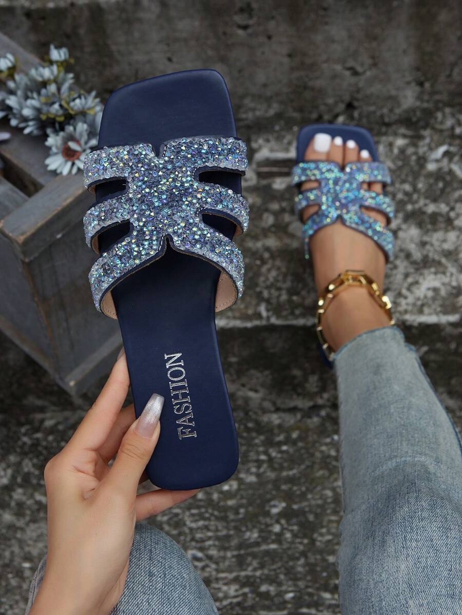 Mùa hè Ngoài trời Đúng mốt Thanh lịch Pha lê Dép đi trong nhà Đối với phụ nữ , Đáy phẳng - Màu xanh hải quân - Xem 1