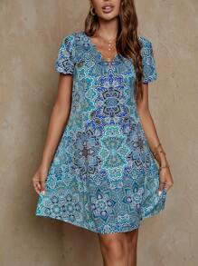 EMERY ROSE Allover Print V Neck Dress - Blue - View 3