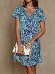 EMERY ROSE Allover Print V Neck Dress - Blue - View 4