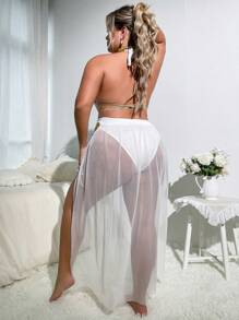 Plus Chain Detail Mesh Halter Costume Teddy Bodysuit & Skirt - White - View 2