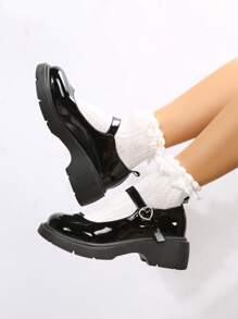 Stylish & Comfy Casual Heart Shape Buckle Black Studded Slip-On Platform Wedge Loafers For Young Women Valentines