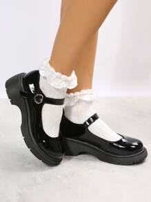 Stylish & Comfy Casual Heart Shape Buckle Black Studded Slip-On Platform Wedge Loafers For Young Women Valentines