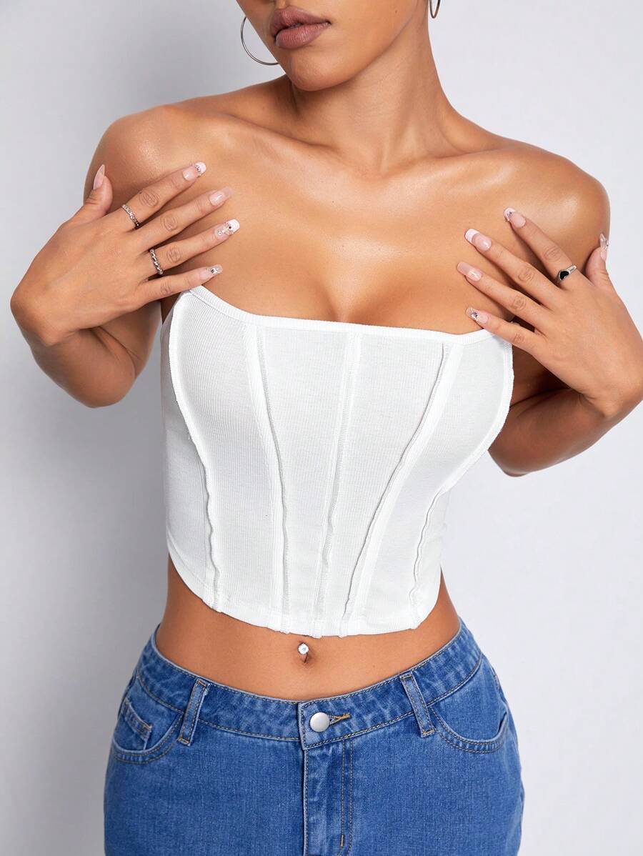 SHEIN ICON 素色前接縫短款抹胸上衣 - 白色 - 查看 1