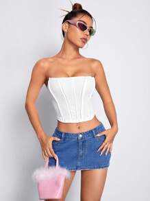 SHEIN ICON 素色前接縫短款抹胸上衣 - 白色 - 查看 5