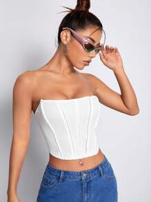 SHEIN ICON 素色前接縫短款抹胸上衣 - 白色 - 查看 6