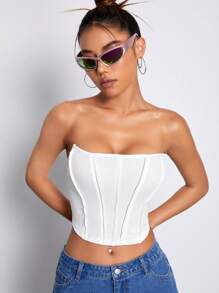 SHEIN ICON 素色前接縫短款抹胸上衣 - 白色 - 查看 7