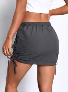 SHEIN ICON 翻蓋口袋側抽繩工裝裙 - 深灰色 - 查看 2