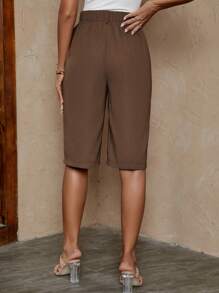 EMERY ROSE 高腰拼接細節斜口袋百慕大短褲 - 咖啡棕 - 查看 2