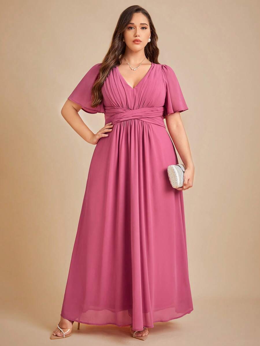 SHEIN Belle 大碼蝴蝶袖抽褶腰伴娘洋裝