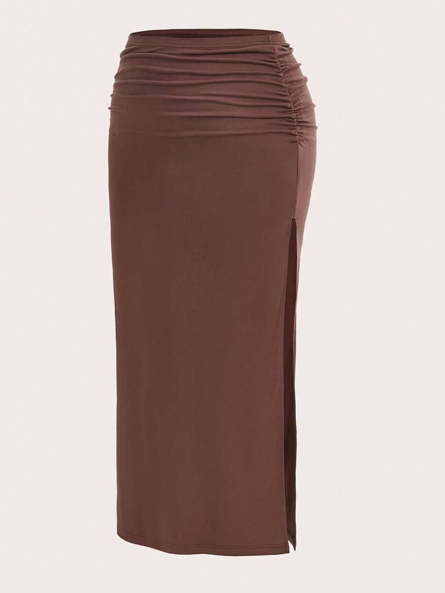 SHEIN EZwear Váy Plus Size Xù Tách cao màu trơn Giải trí - Màu nâu Sô-cô-la - Xem 1