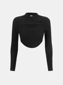 SHEIN Explorewe Teen Girl Mock Neck Cut Out Front Crop Tee - Black - View 1