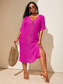 Swim Vcay Summer Beach Plus Crochet Insert Split Thigh Cover Up Dress - Hot Pink - View 1