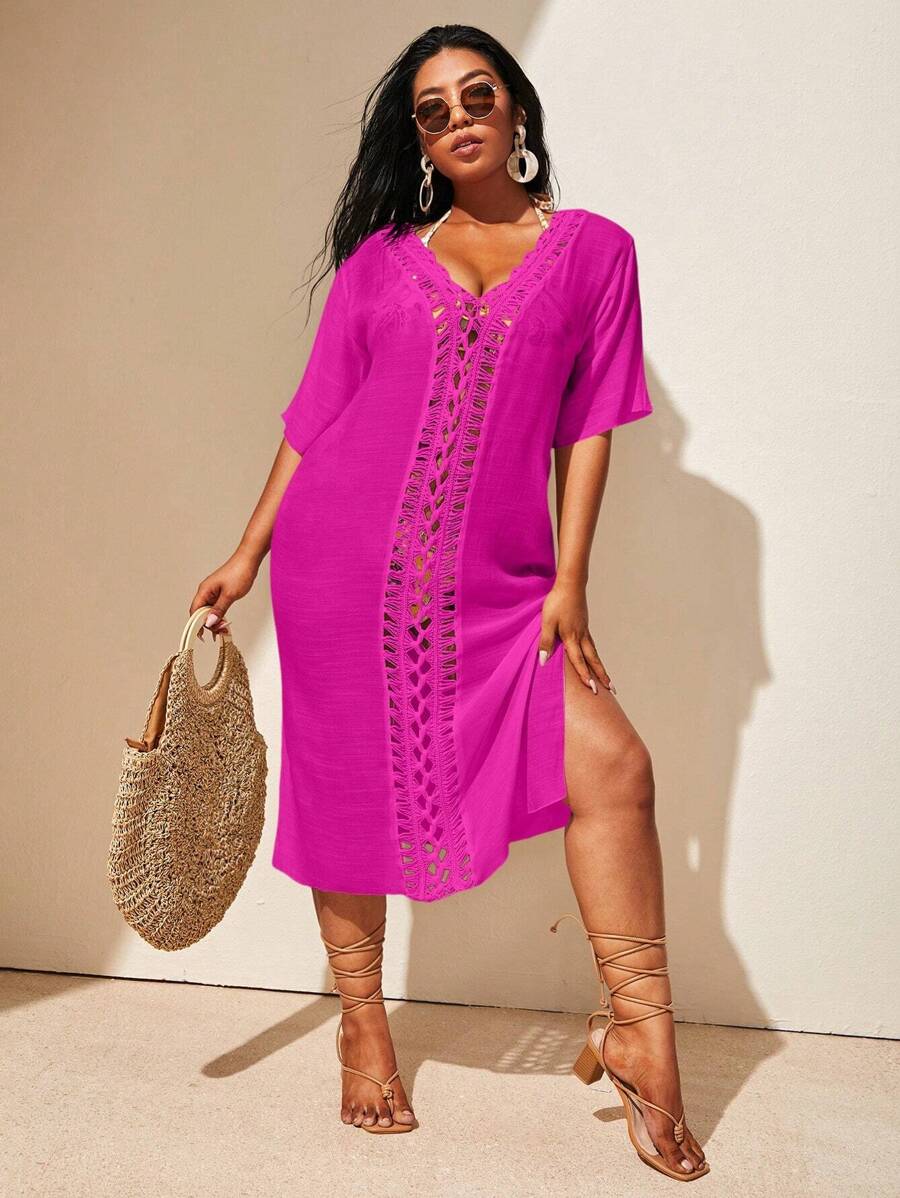 Swim Vcay Summer Beach Plus Crochet Insert Split Thigh Cover Up Dress - Hot Pink - View 1