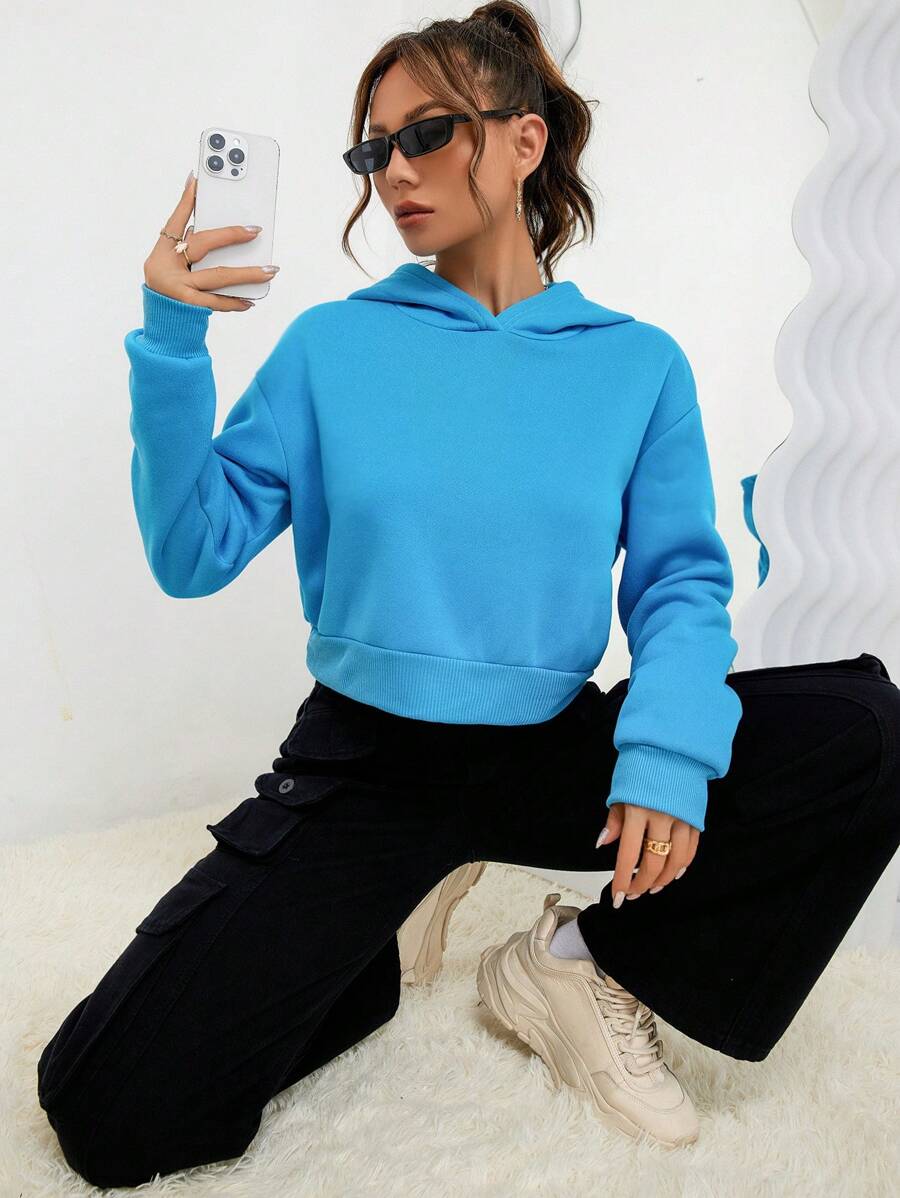 SHEIN EZwear 素色落肩袖連帽衫 - 藍色 - 查看 1