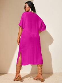 Swim Vcay Summer Beach Plus Crochet Insert Split Thigh Cover Up Dress - Hot Pink - View 2