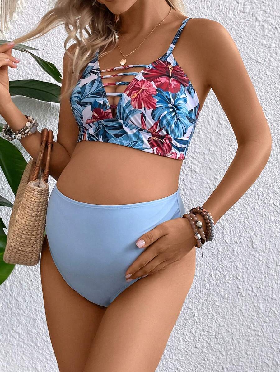 SHEIN Maternity Tropical Print Cut Out Bikini Set Summer Beach - Blue - View 1