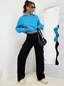 SHEIN EZwear 素色落肩袖連帽衫 - 藍色 - 查看 3