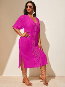 Swim Vcay Summer Beach Plus Crochet Insert Split Thigh Cover Up Dress - Hot Pink - View 4