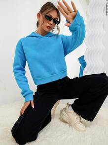 SHEIN EZwear 素色落肩袖連帽衫 - 藍色 - 查看 4
