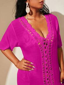 Swim Vcay Summer Beach Plus Crochet Insert Split Thigh Cover Up Dress - Hot Pink - View 5