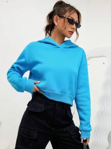 SHEIN EZwear 素色落肩袖連帽衫 - 藍色 - 查看 5