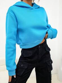 SHEIN EZwear 素色落肩袖連帽衫 - 藍色 - 查看 6